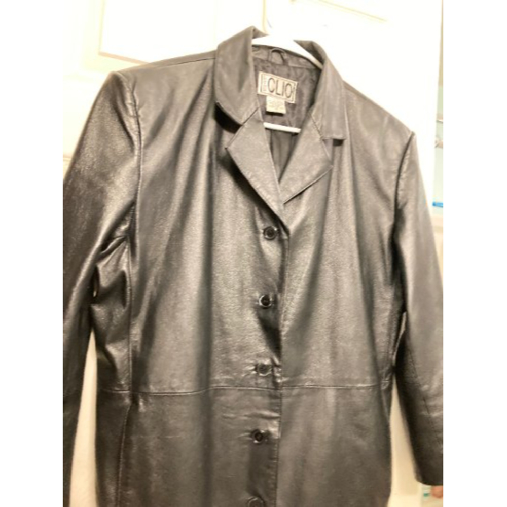 Women's Clio Black Leather Coat Button Up Size 14